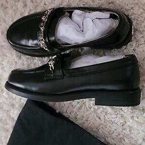 Black Leather Loafers with Silver Chain Detail